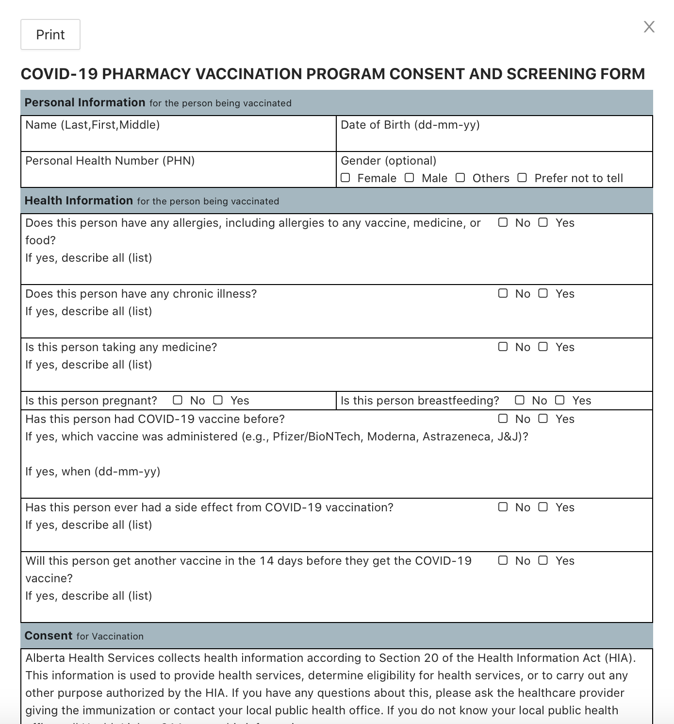 Covid-19 Vaccination screening and consent form